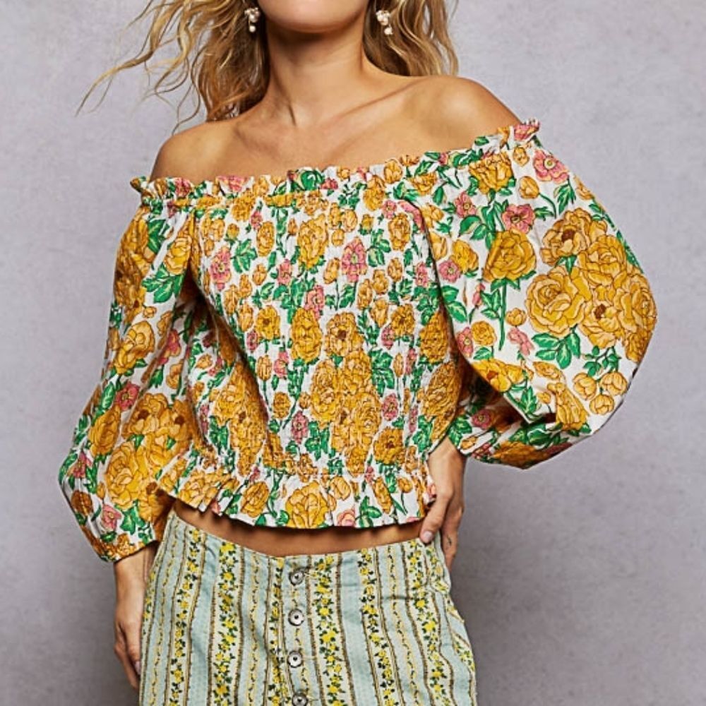POL Women's Casual Smocked Floral Off-Shoulder Puff Sleeve Top in Yellow sz Smal - Picture 6 of 8